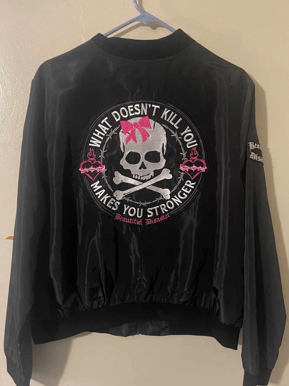 Discontinued Beautiful Disaster Black Bomber Jacket with Embroidered Skull Patch